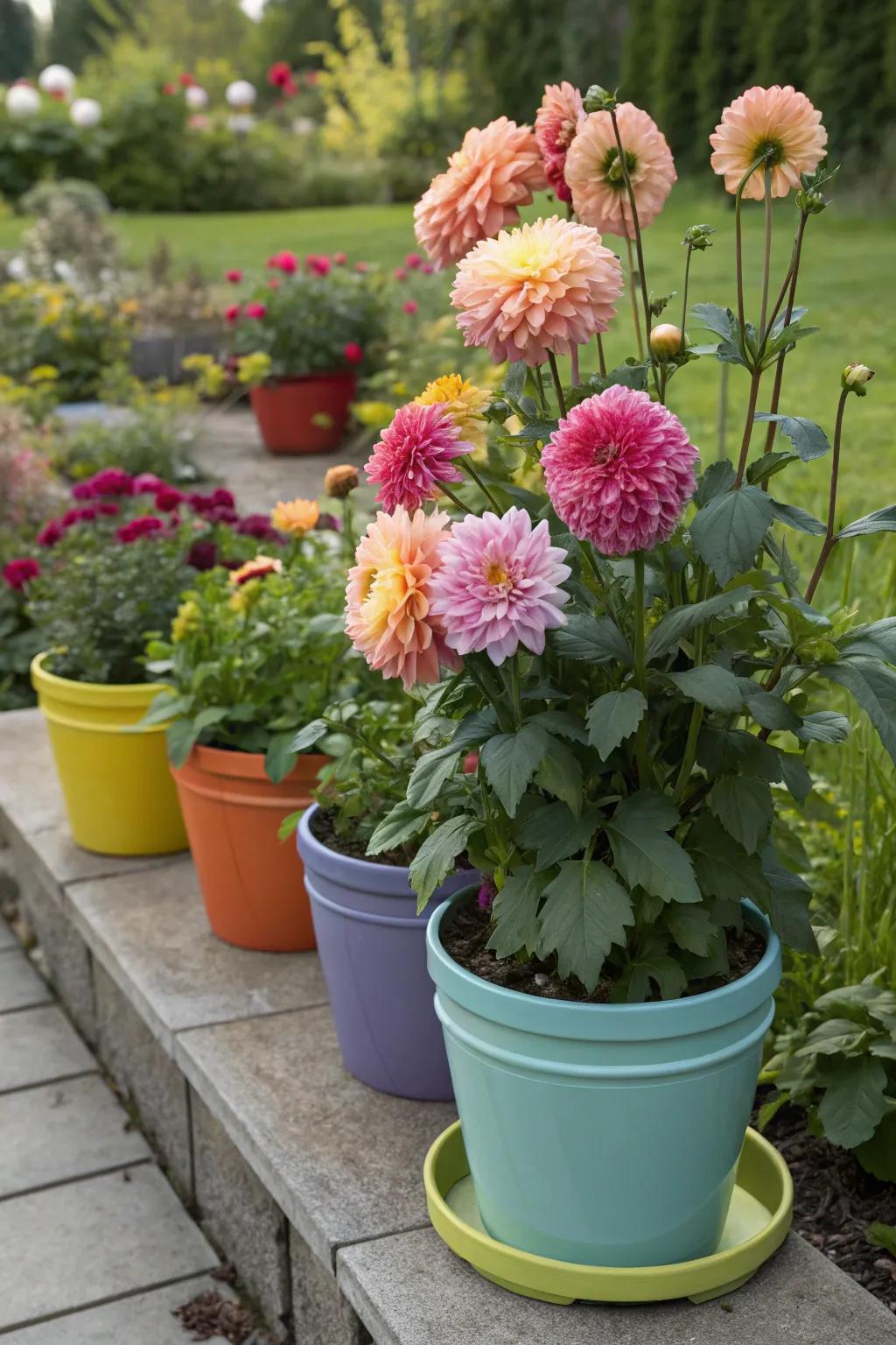 Grouped pots with color-coordinated dinner plate dahlias in a charming garden corner.