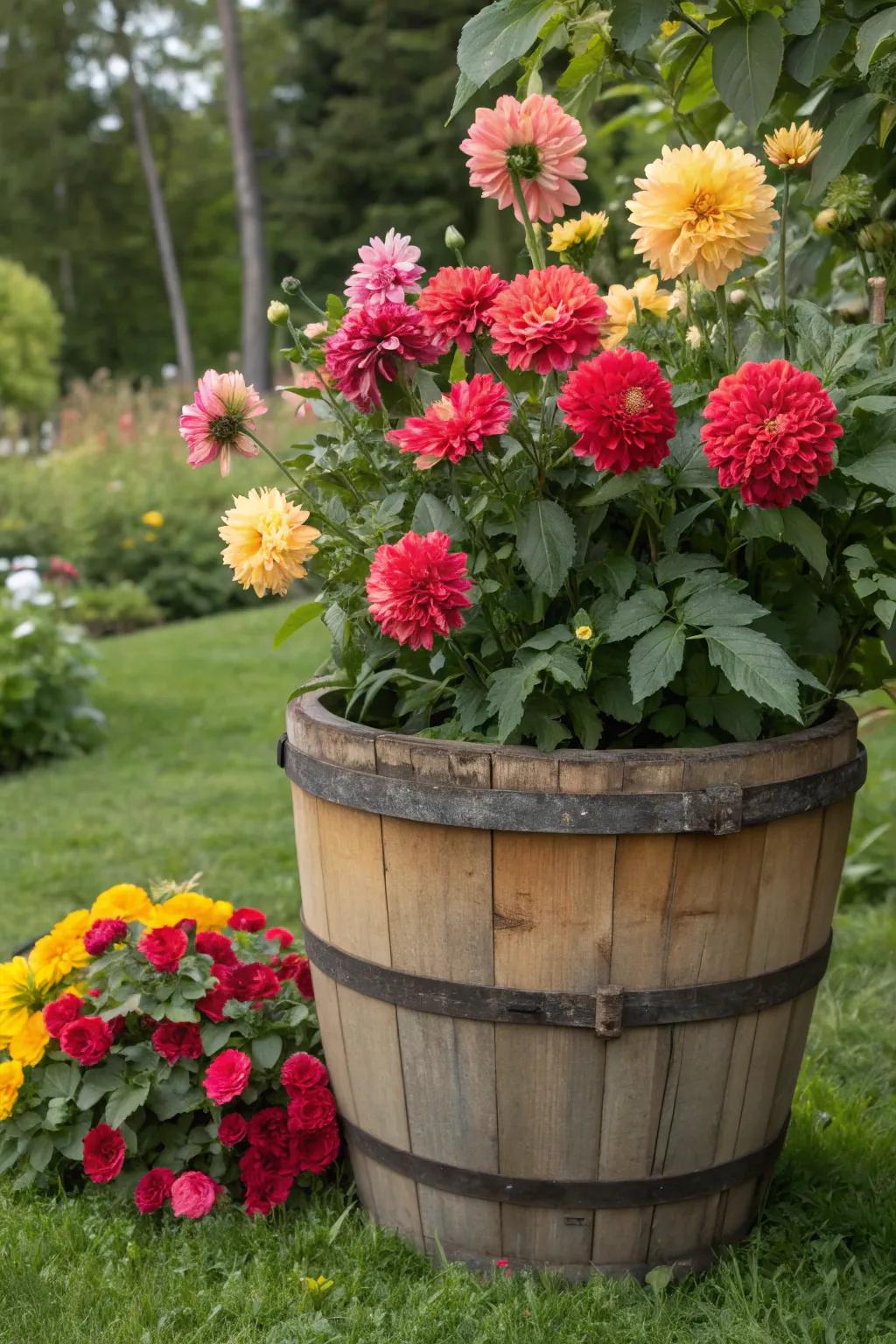Large wooden barrel planter filled with vibrant dinner plate dahlias in a natural garden setting.