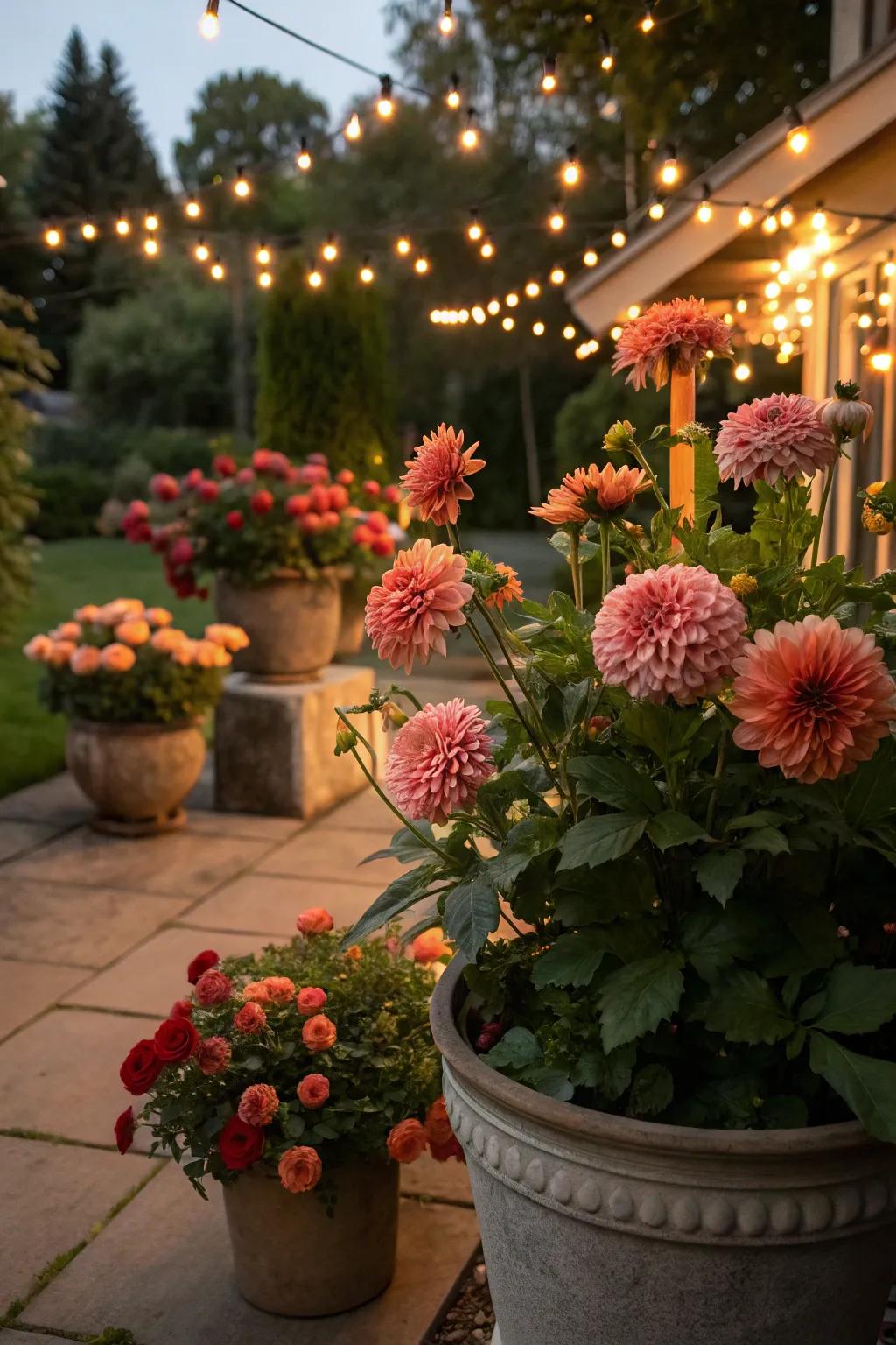 Dinner plate dahlias in pots with fairy lights creating a magical garden evening.