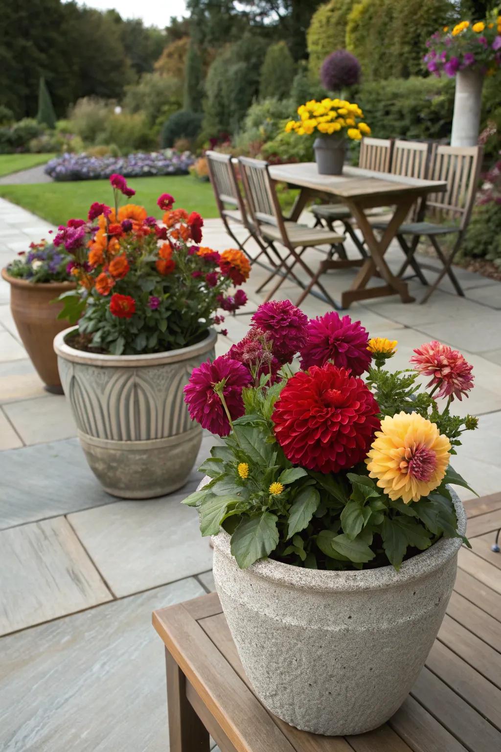 Mixed textured pots featuring vibrant dinner plate dahlias on a sunny patio.