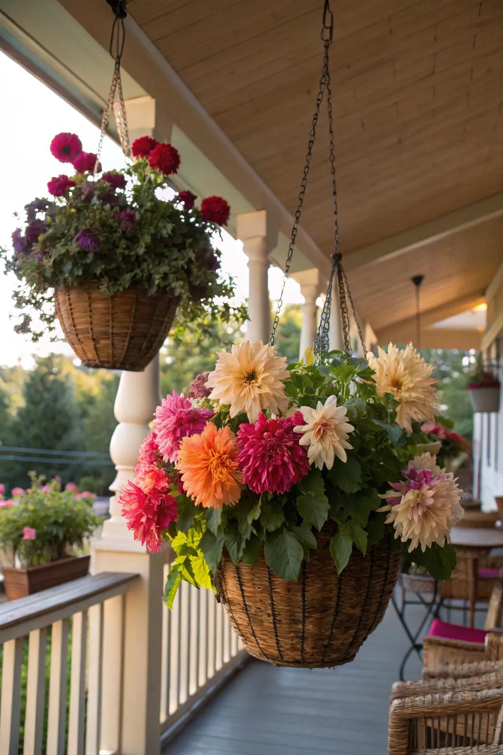 Hanging baskets with cascading dinner plate dahlias creating a colorful porch ambiance.