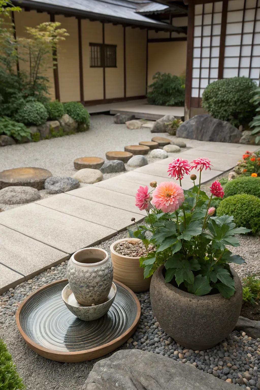 Zen garden with simple pots and dinner plate dahlias creating a tranquil retreat.