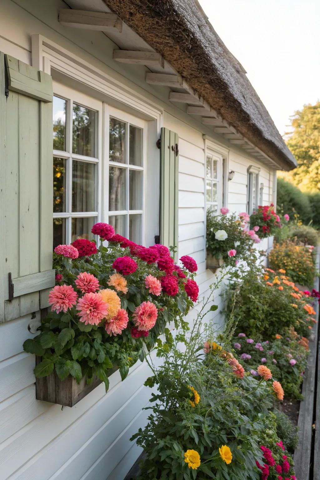Window boxes with dinner plate dahlias enhancing a cottage-style home's exterior.