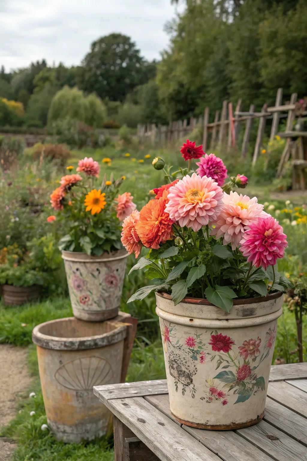 Rustic pots with dinner plate dahlias in a charming countryside garden.