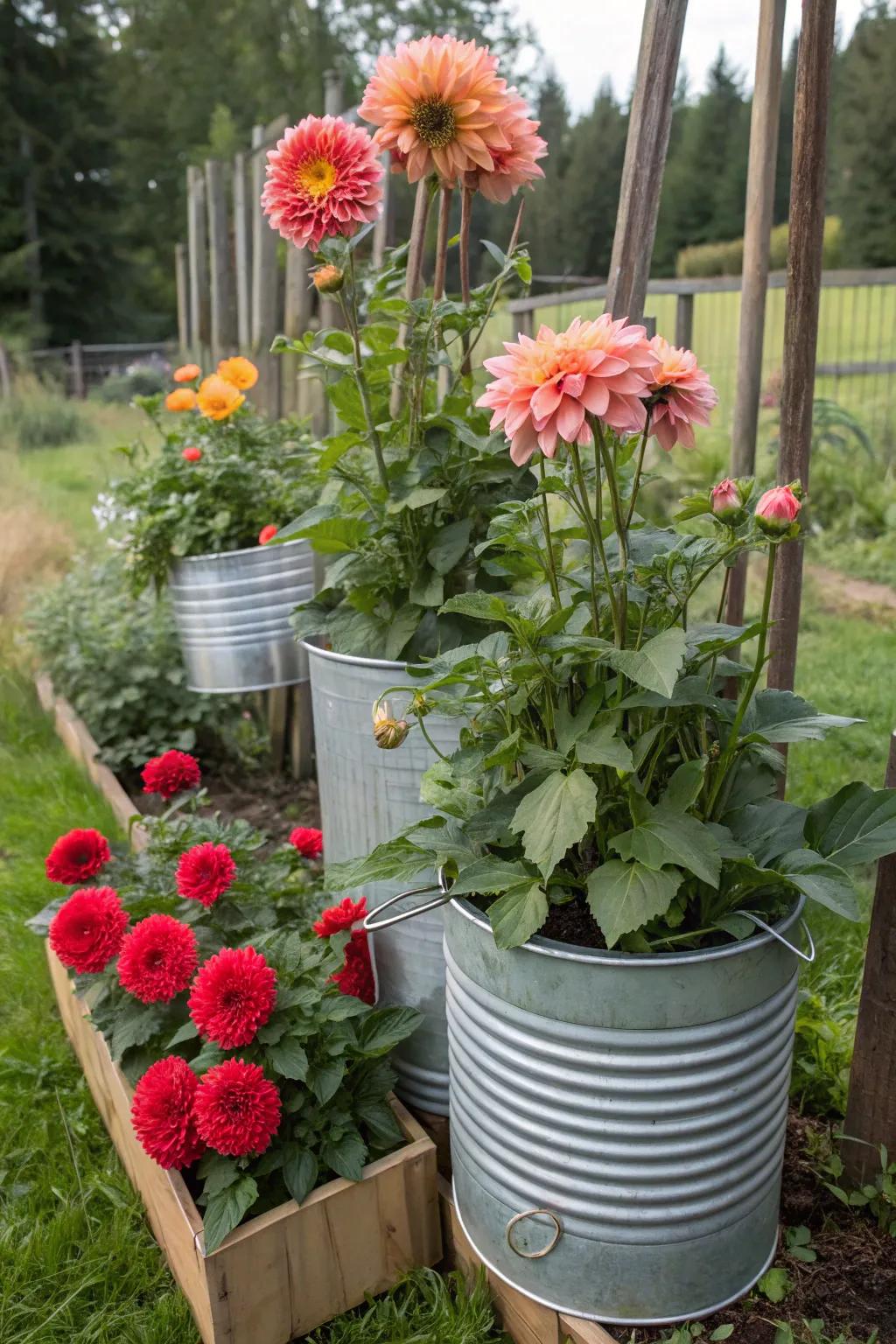 Upcycled buckets and tin cans filled with dinner plate dahlias in a creative garden setup.