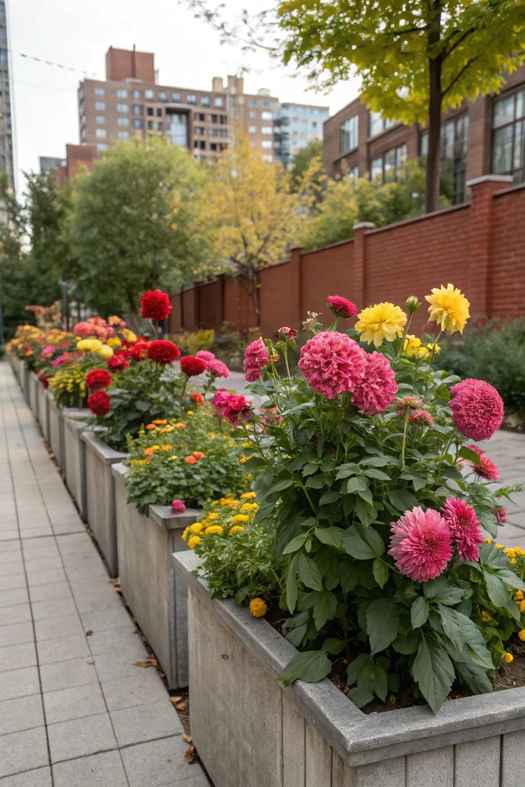 Vertical planters with dinner plate dahlias enhancing a small urban garden.