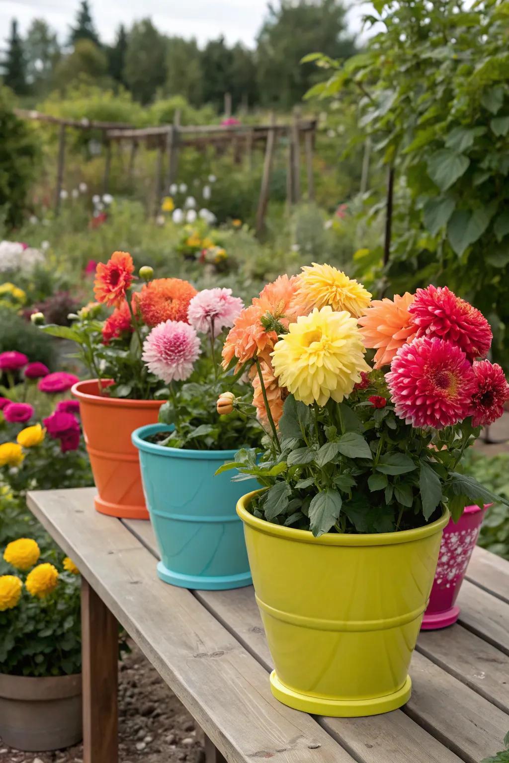 Brightly colored pots showcasing dinner plate dahlias in a lively garden environment.