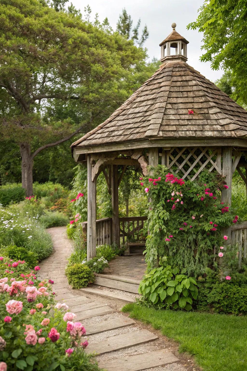 A rustic gazebo with a wooden shingle roof, nestled in greenery.