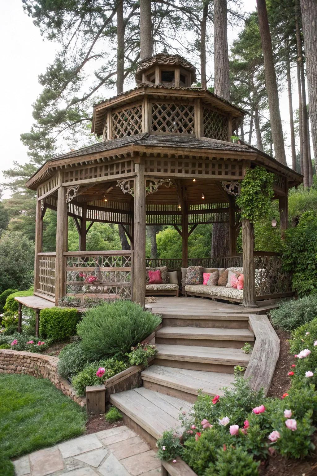 A multi-level rustic gazebo providing dynamic garden views.