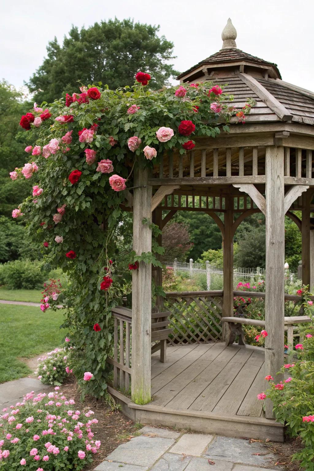 A rustic gazebo complemented by a rose-covered garden trellis.