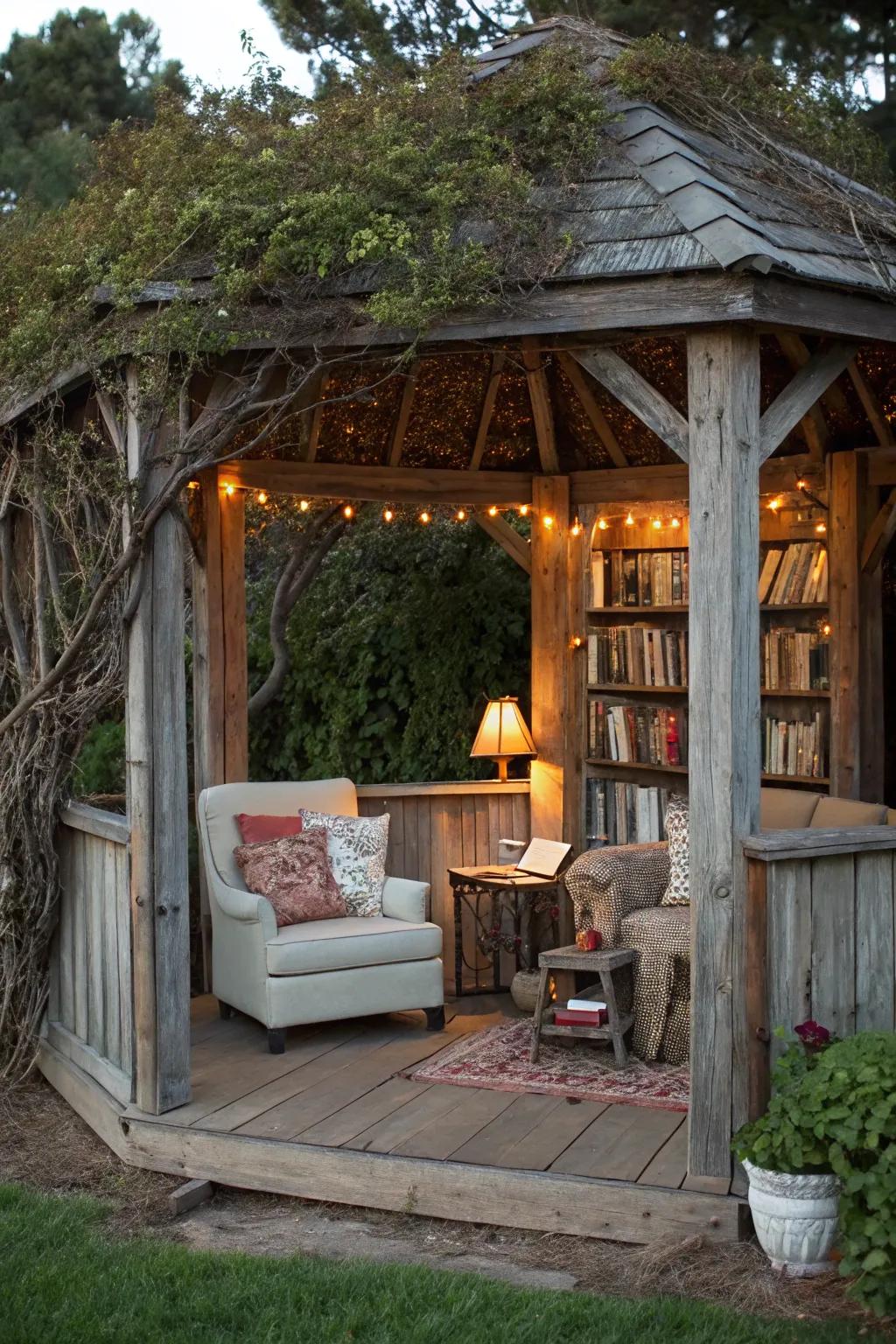 A rustic gazebo transformed into a serene reading nook.