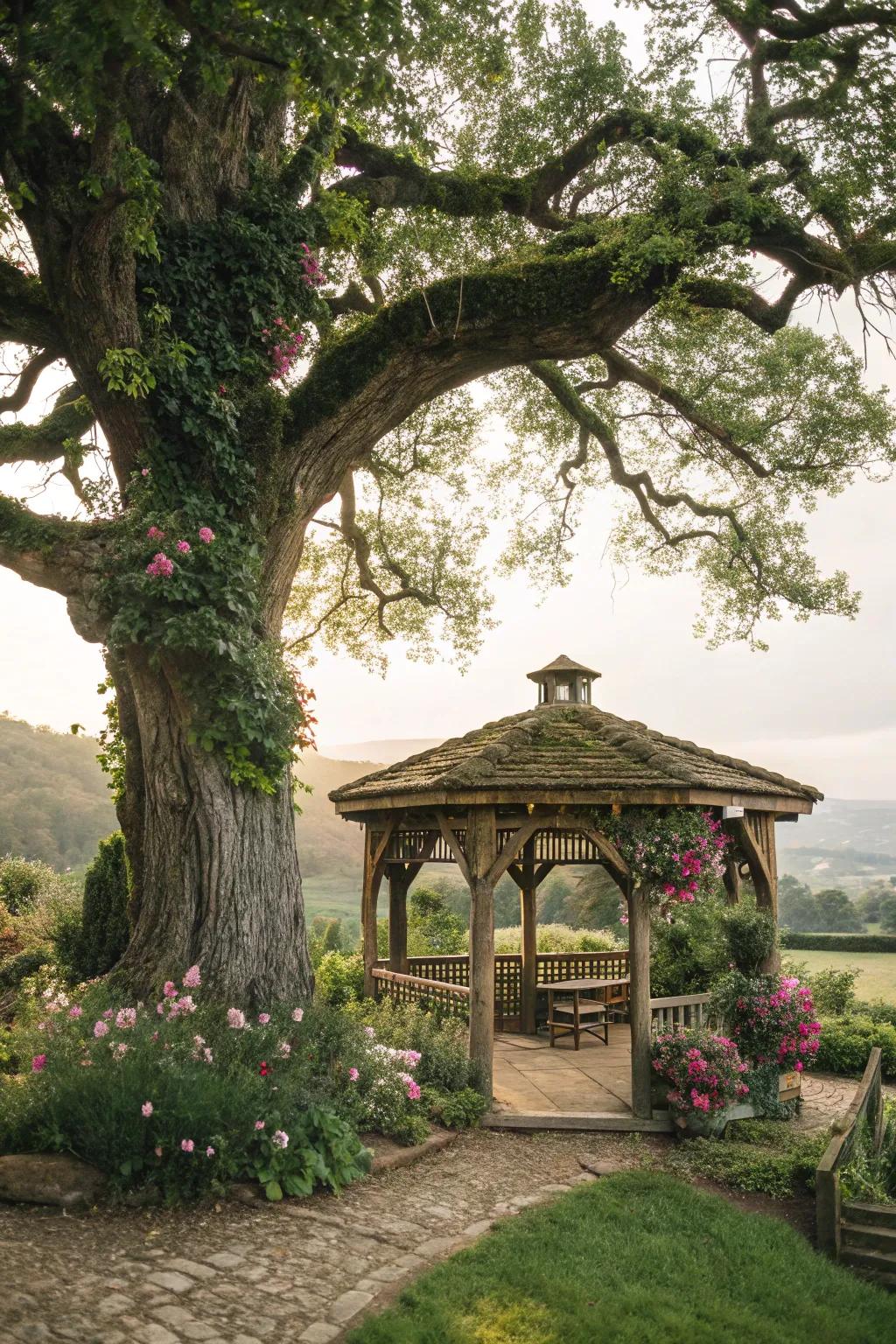 A rustic gazebo beautifully integrated around a tree.