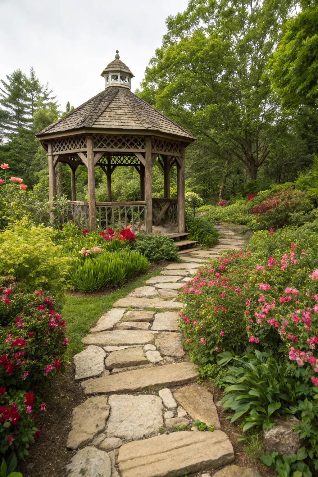 A stone path leading to a cozy rustic gazebo, nestled in a garden.