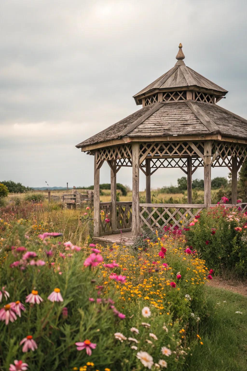 A rustic gazebo with a charming thatched roof.