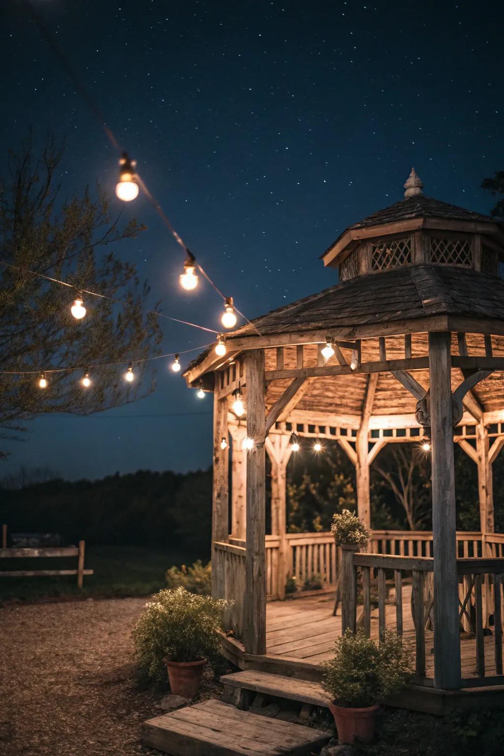 A rustic gazebo illuminated with charming vintage lighting.