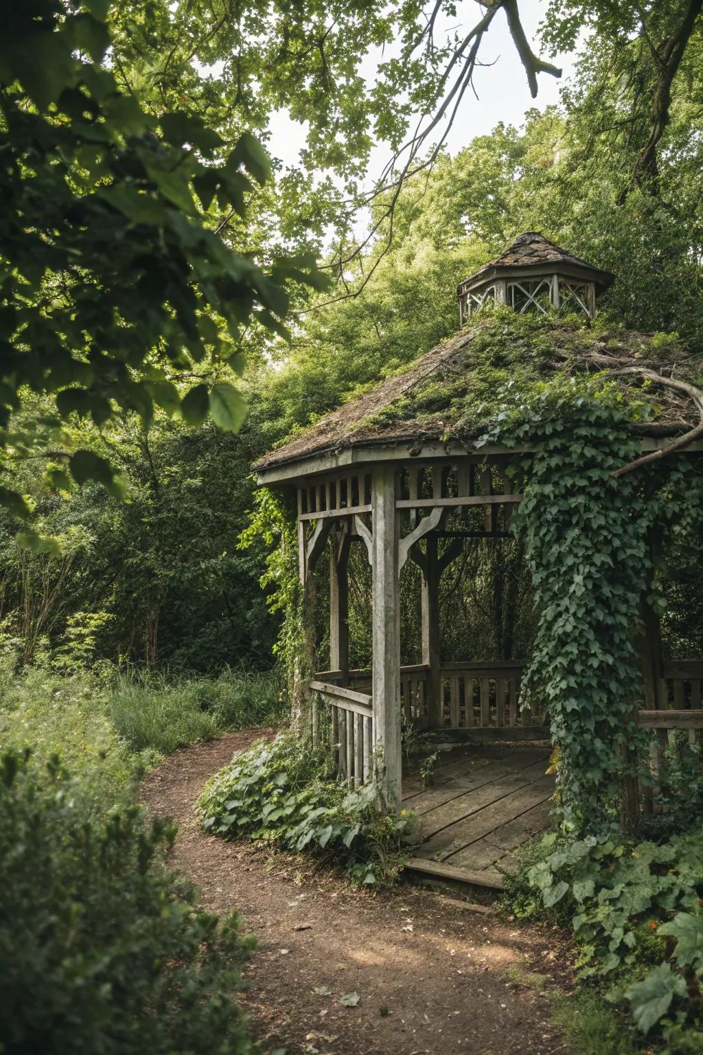 A secluded rustic gazebo tucked away in a lush garden corner.