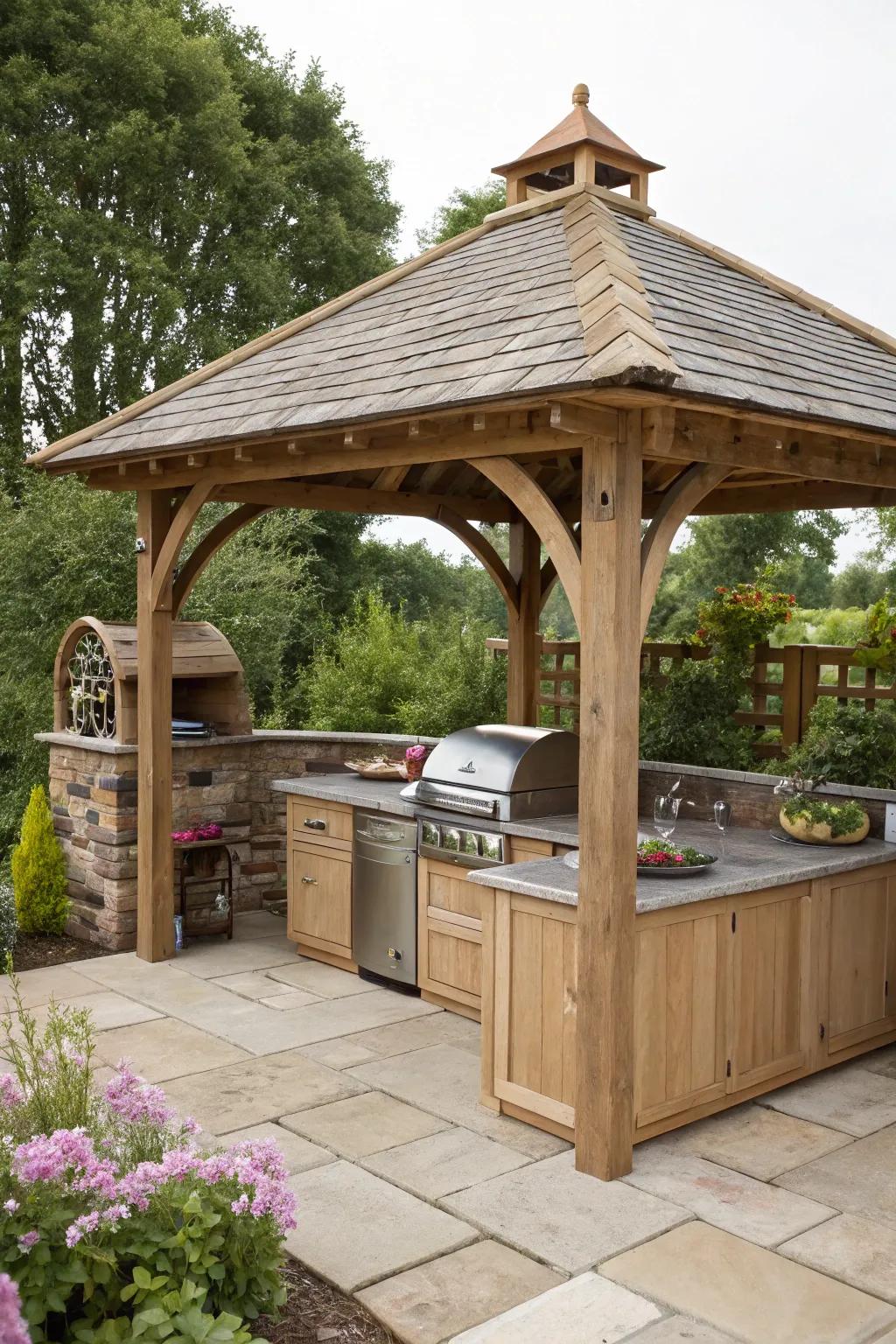 A rustic gazebo featuring an outdoor kitchen setup.