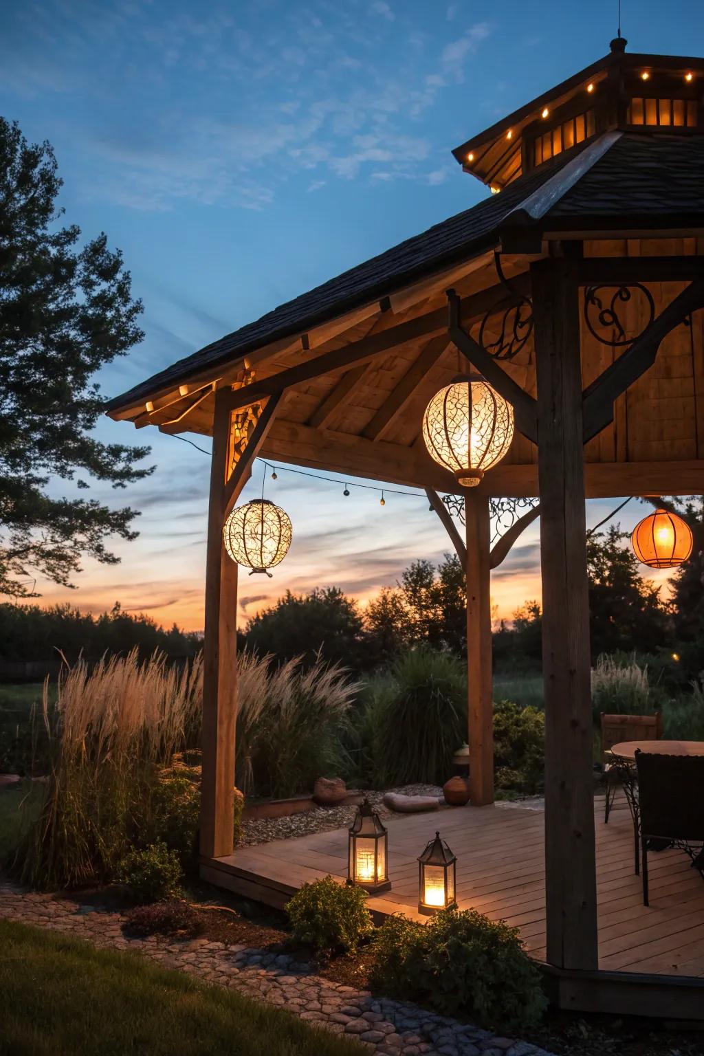 A rustic gazebo beautifully lit with hanging lanterns at dusk.