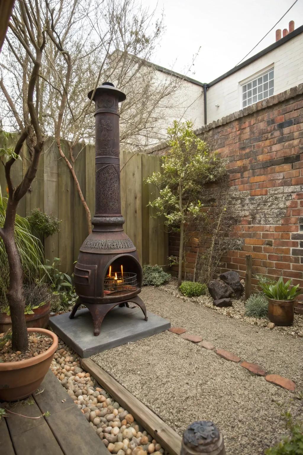 A freestanding cast iron fireplace adds boldness and durability.