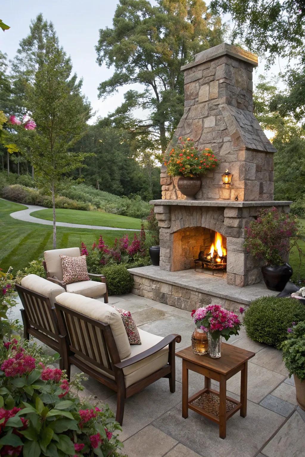 A corner fireplace maximizes space and enhances garden aesthetics.