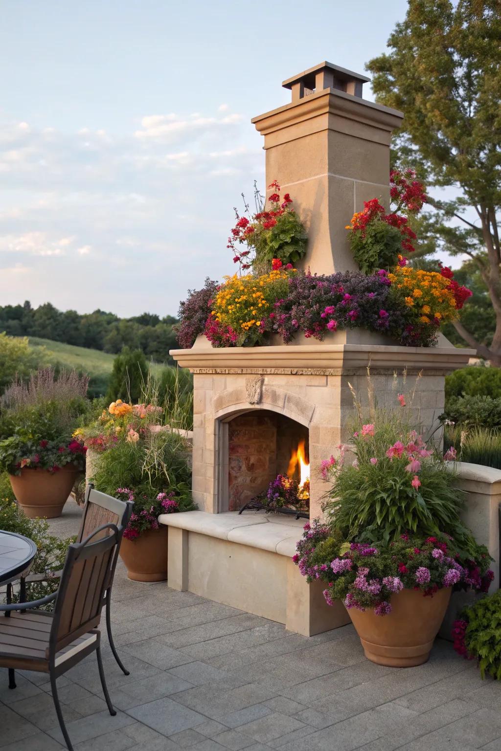A fireplace with planters adds greenery and warmth to your space.