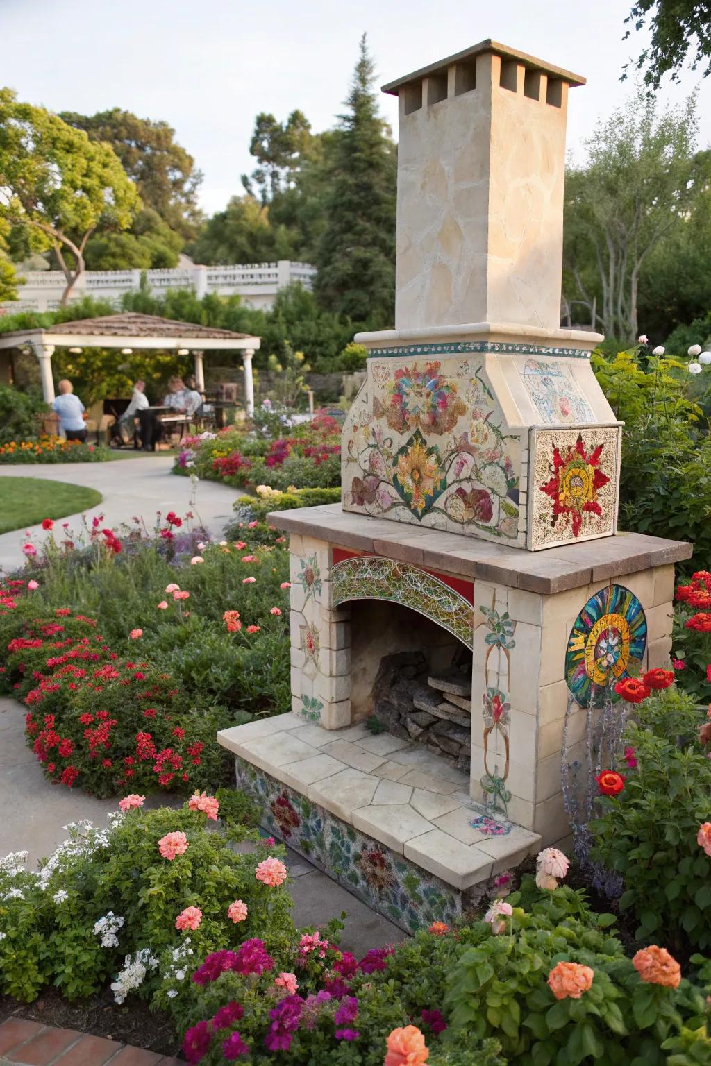 Mosaic tiles add color and artistry to any outdoor fireplace.