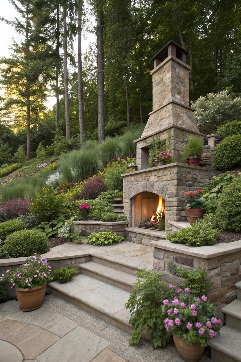 A multi-level fireplace adds dimension and visual interest.