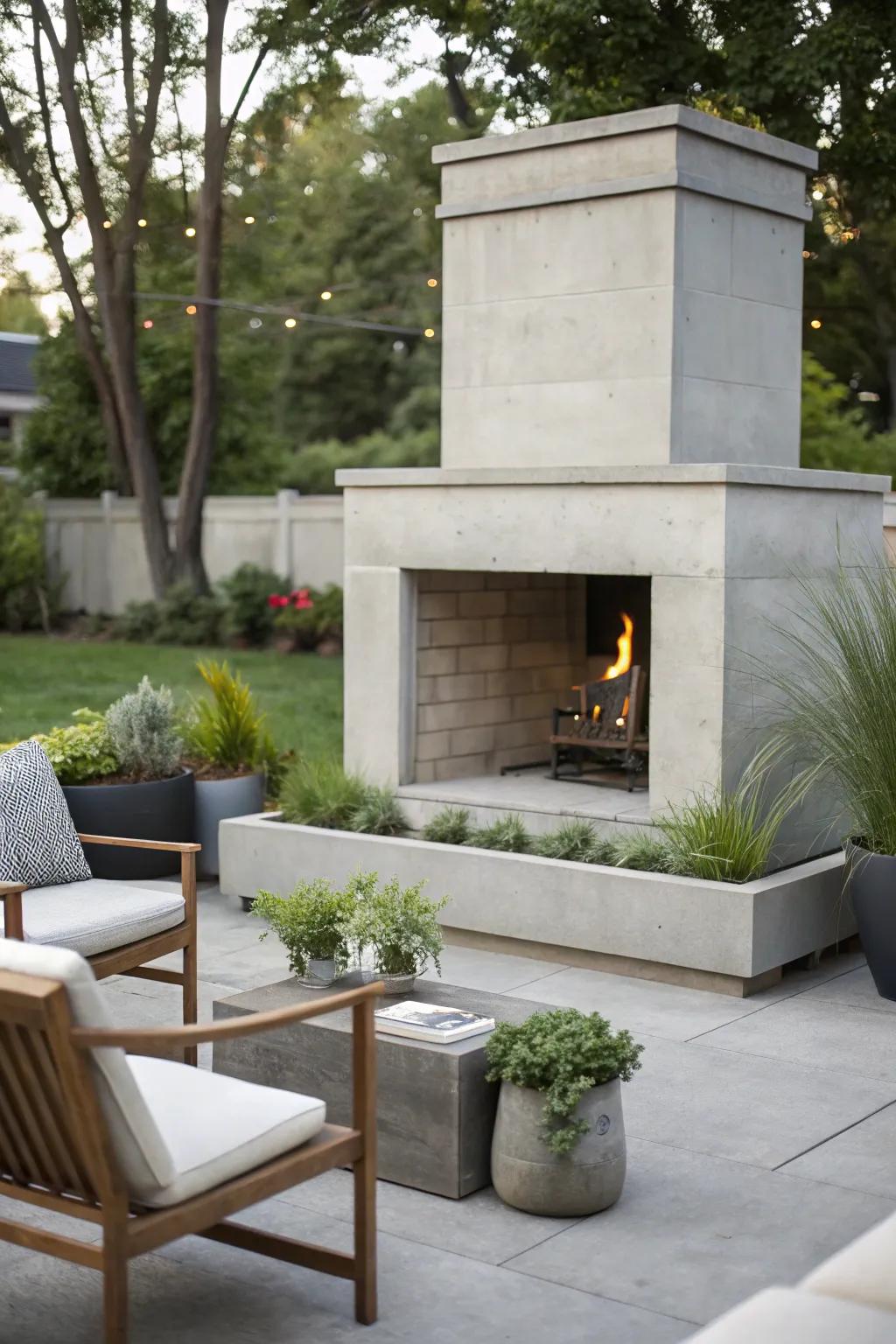 A minimalist concrete fireplace provides a sleek, contemporary look.