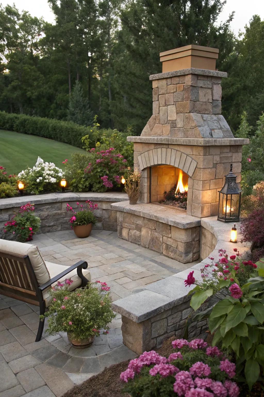 A small fireplace with built-in seating offers warmth and functionality.