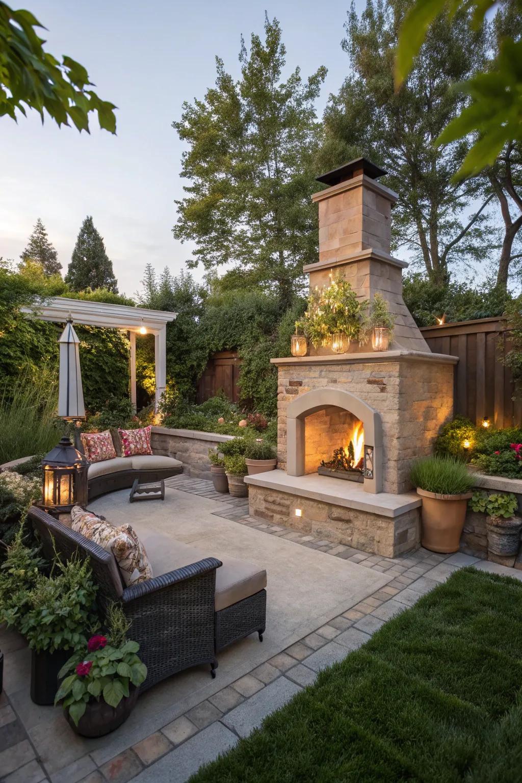 A fireplace with underseat storage maximizes space efficiently.