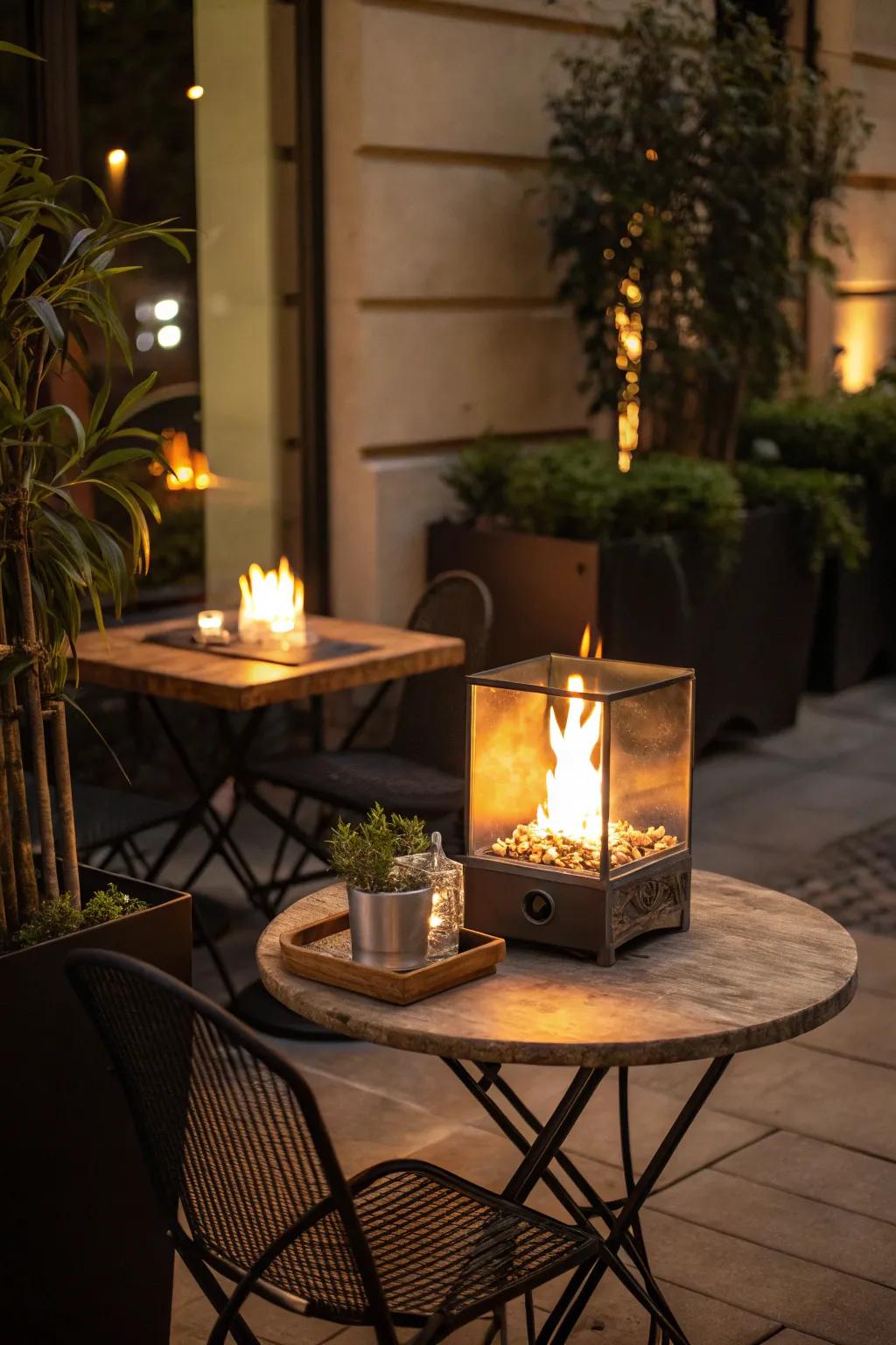 A tabletop fireplace adds elegance and warmth to small spaces.
