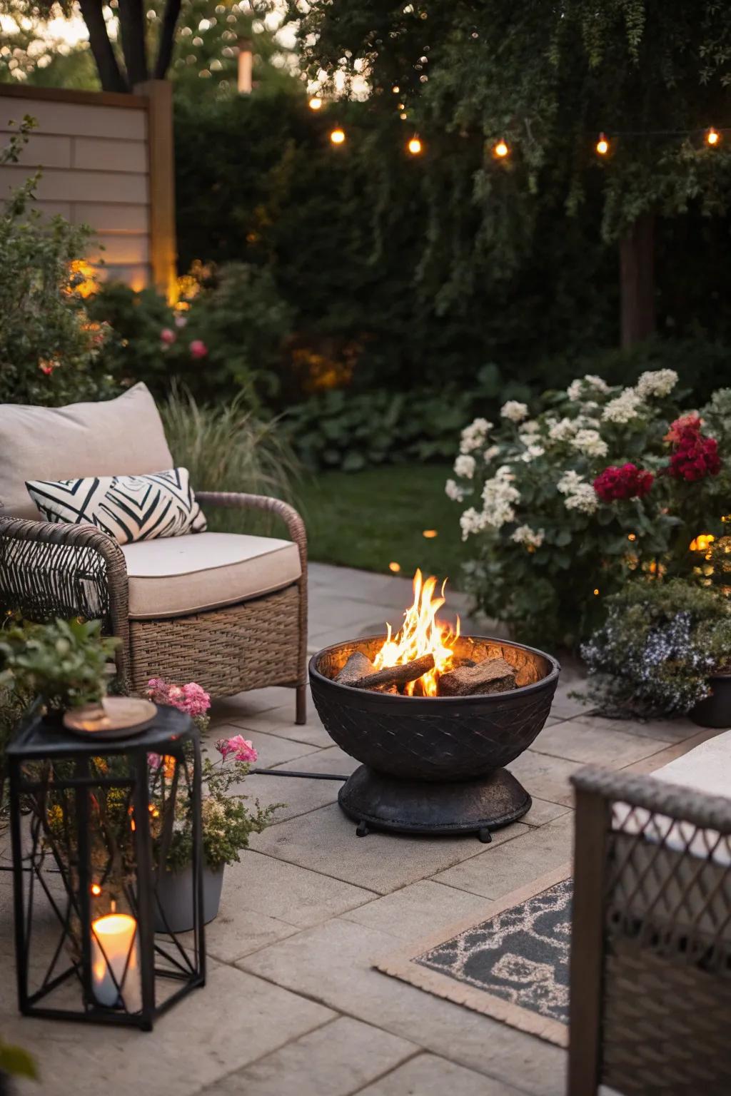 A portable fire bowl provides flexibility and instant warmth.