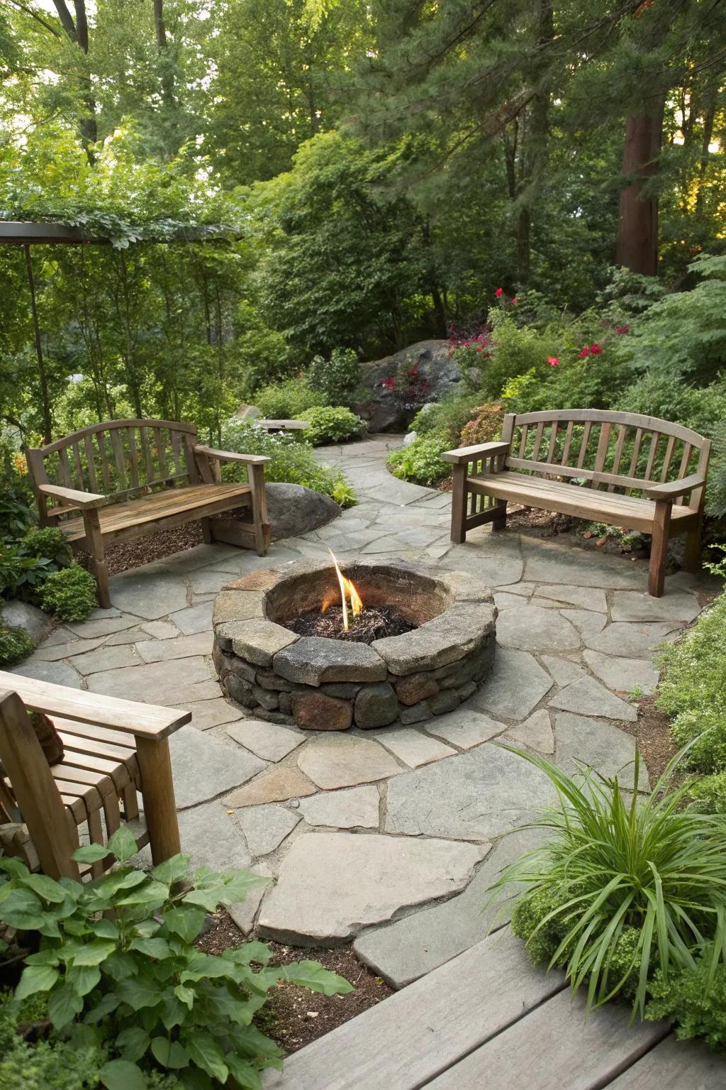 A stone fire pit on a small patio creates a rustic and inviting focal point.