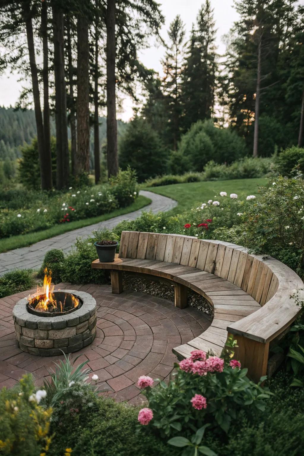 A round fire pit and curved bench create a perfect gathering spot.