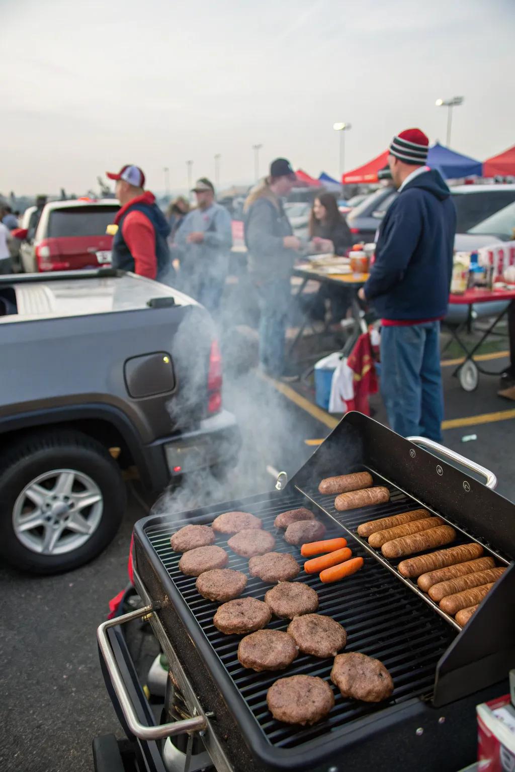 Portable grill with sizzling burgers and hot dogs at a tailgate.