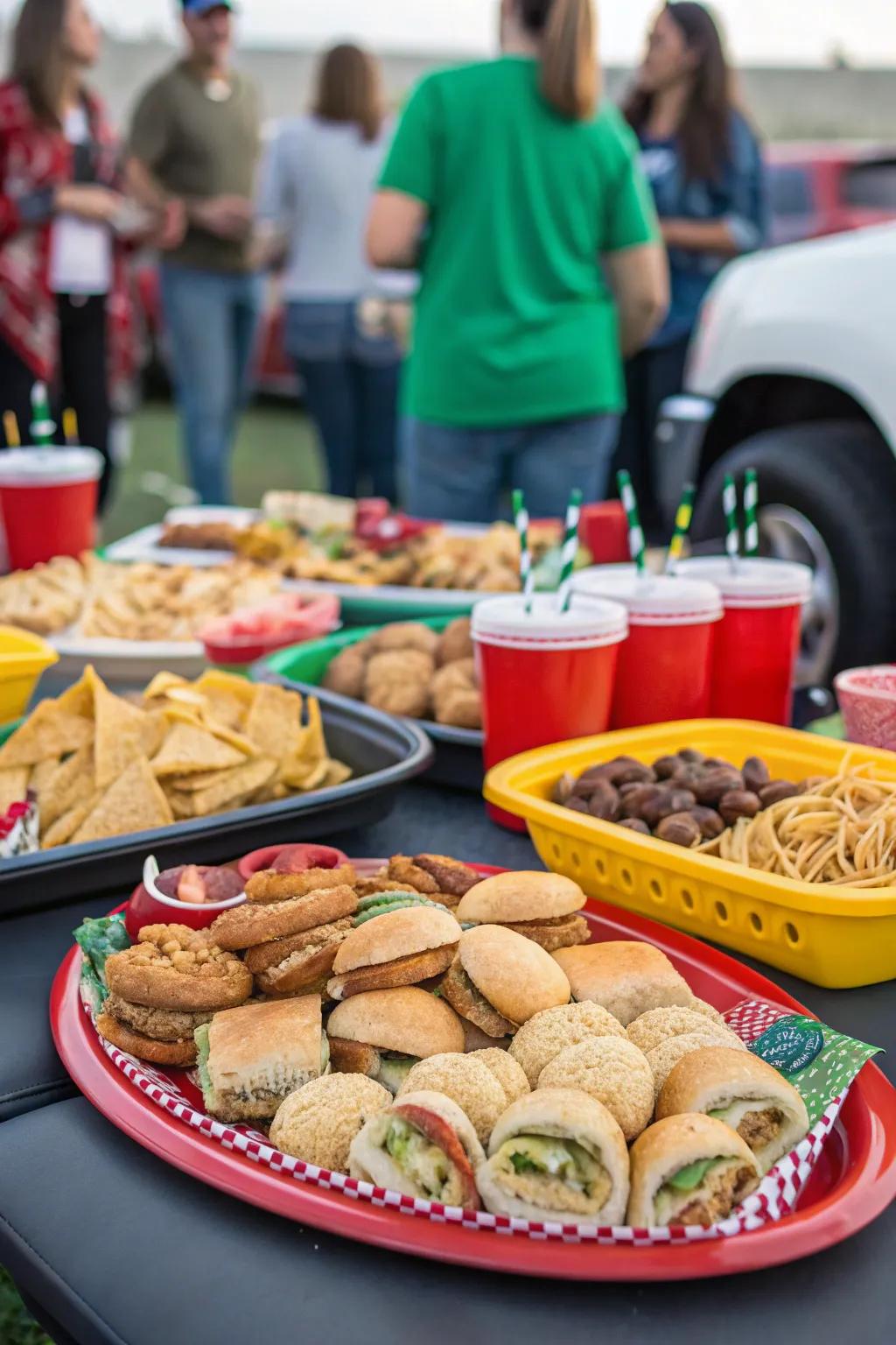 Themed platters with various snacks at a tailgate.