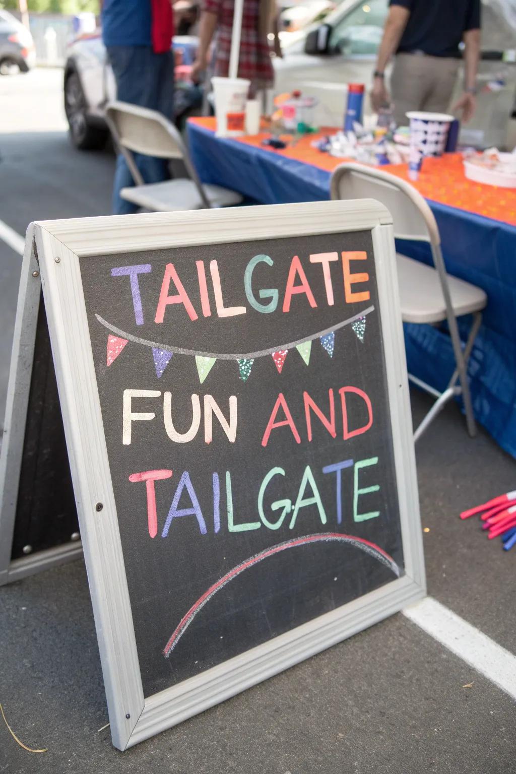 Chalkboard sign with playful messages at a tailgate.
