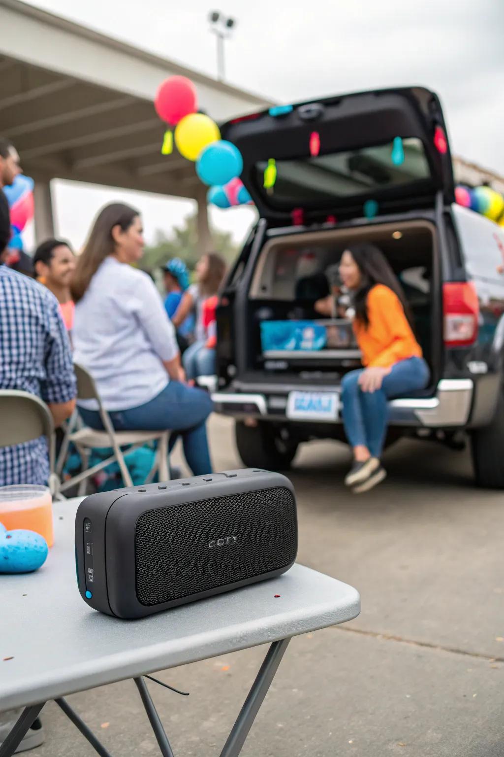 Waterproof Bluetooth speaker playing music at a tailgate.