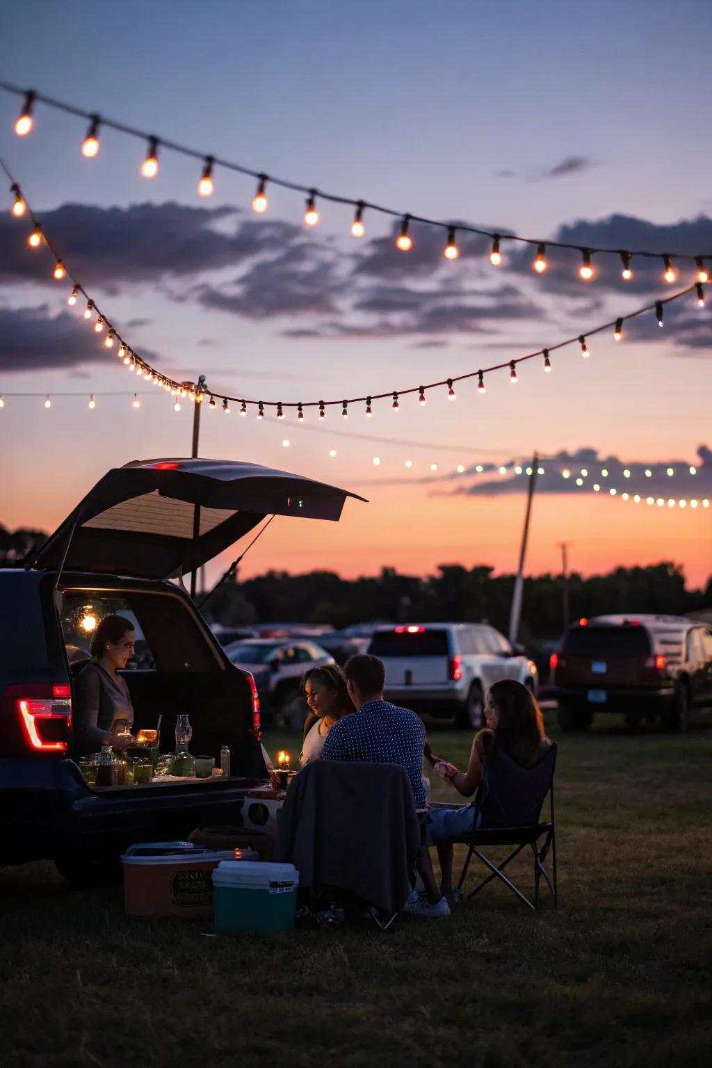 String lights creating a cozy ambiance at a tailgate.