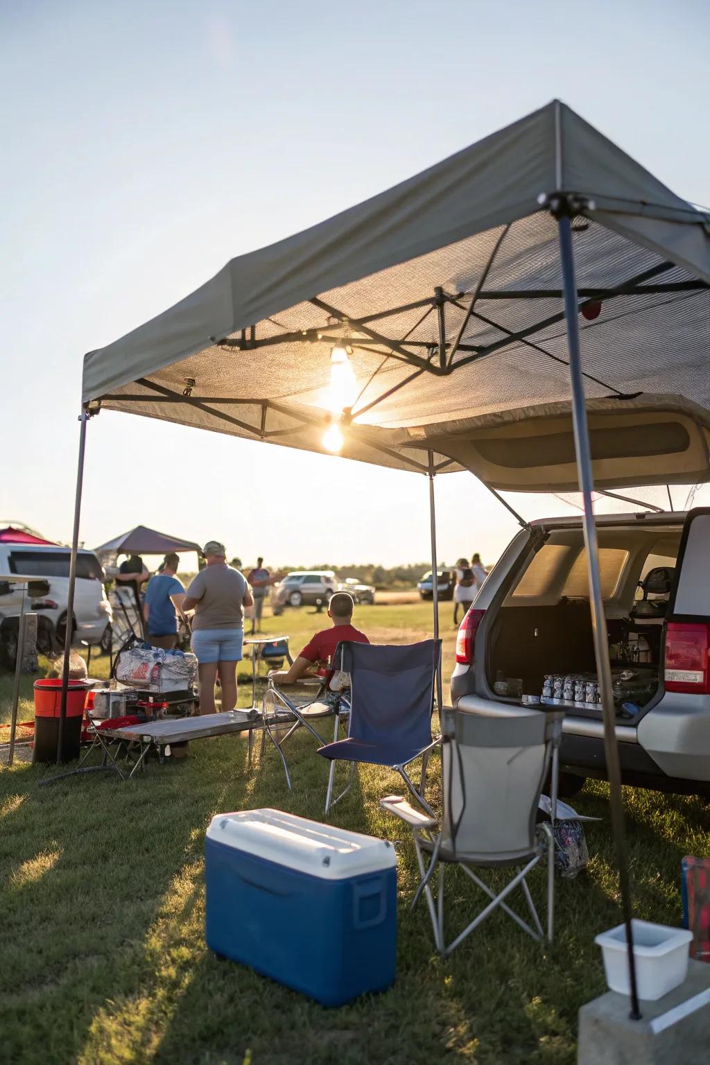 Large canopy providing shade over a tailgate setup.