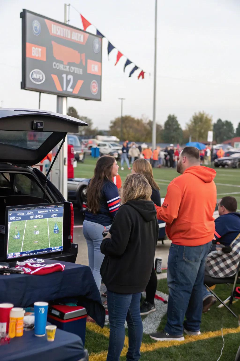Group playing interactive trivia games at a tailgate.