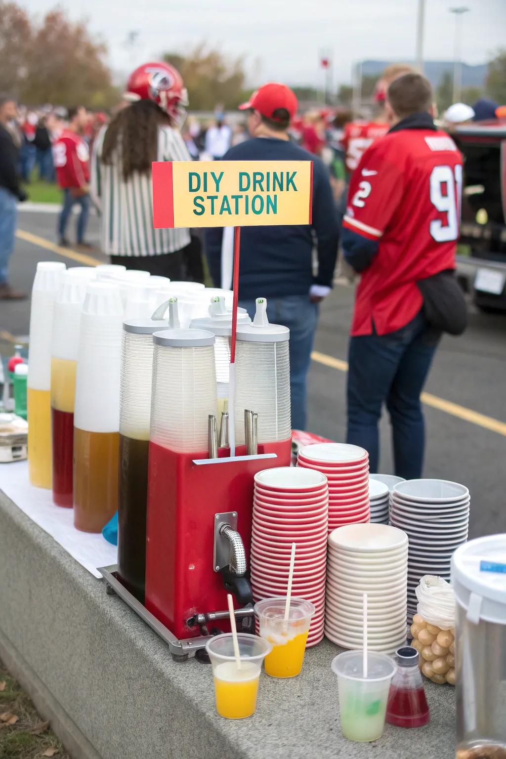 DIY drink station with labeled dispensers at a tailgate.