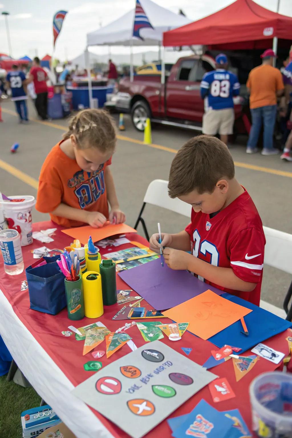Kid-friendly DIY craft station at a tailgate.