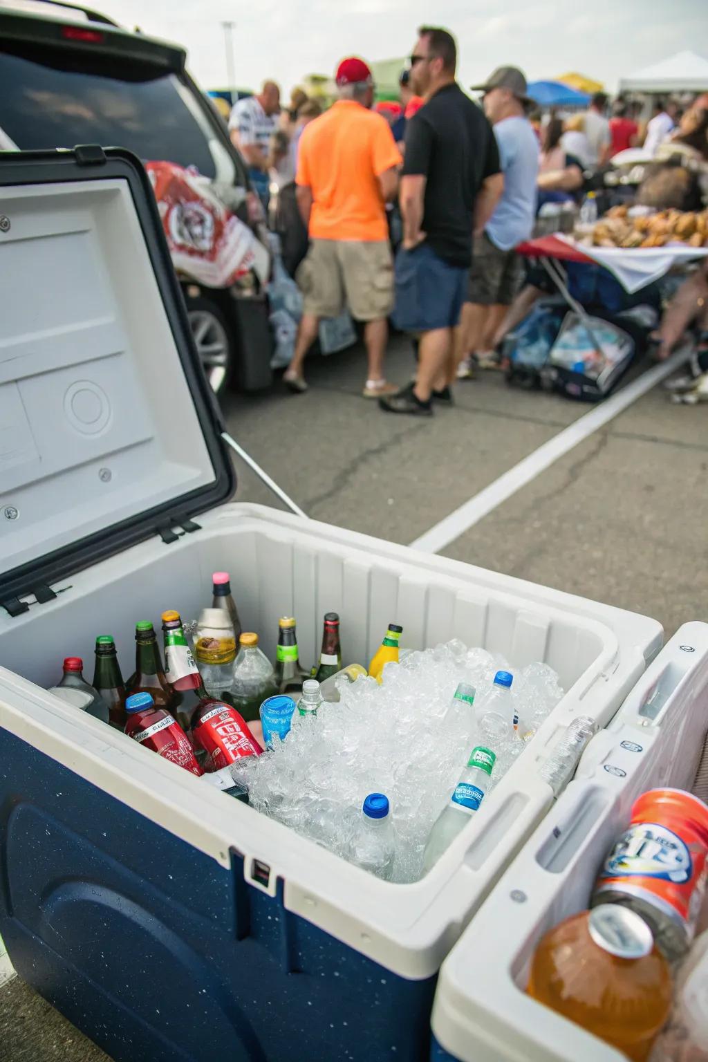 Large cooler filled with assorted cold drinks and ice.