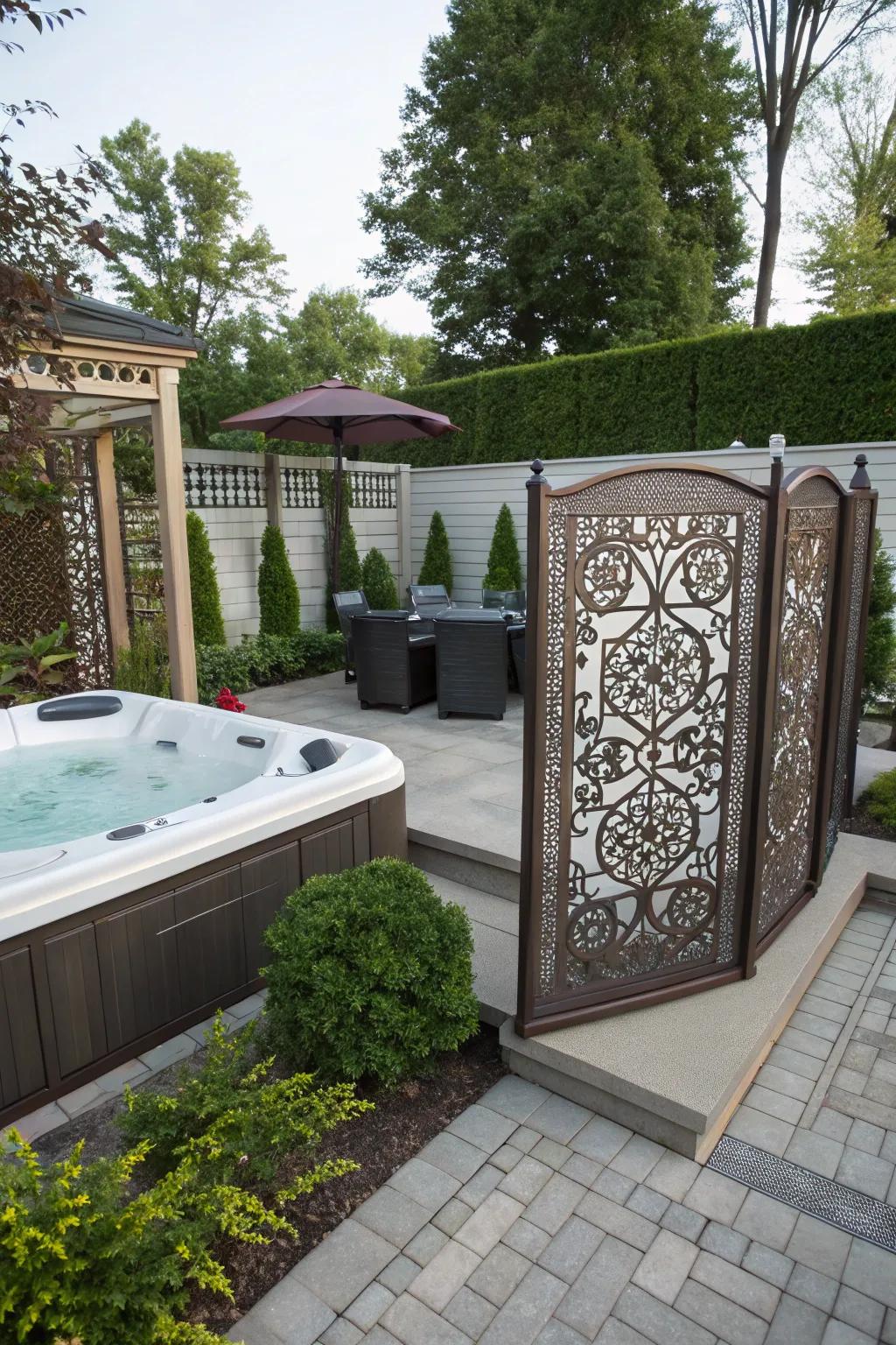 Metal screens add privacy and artistic flair.