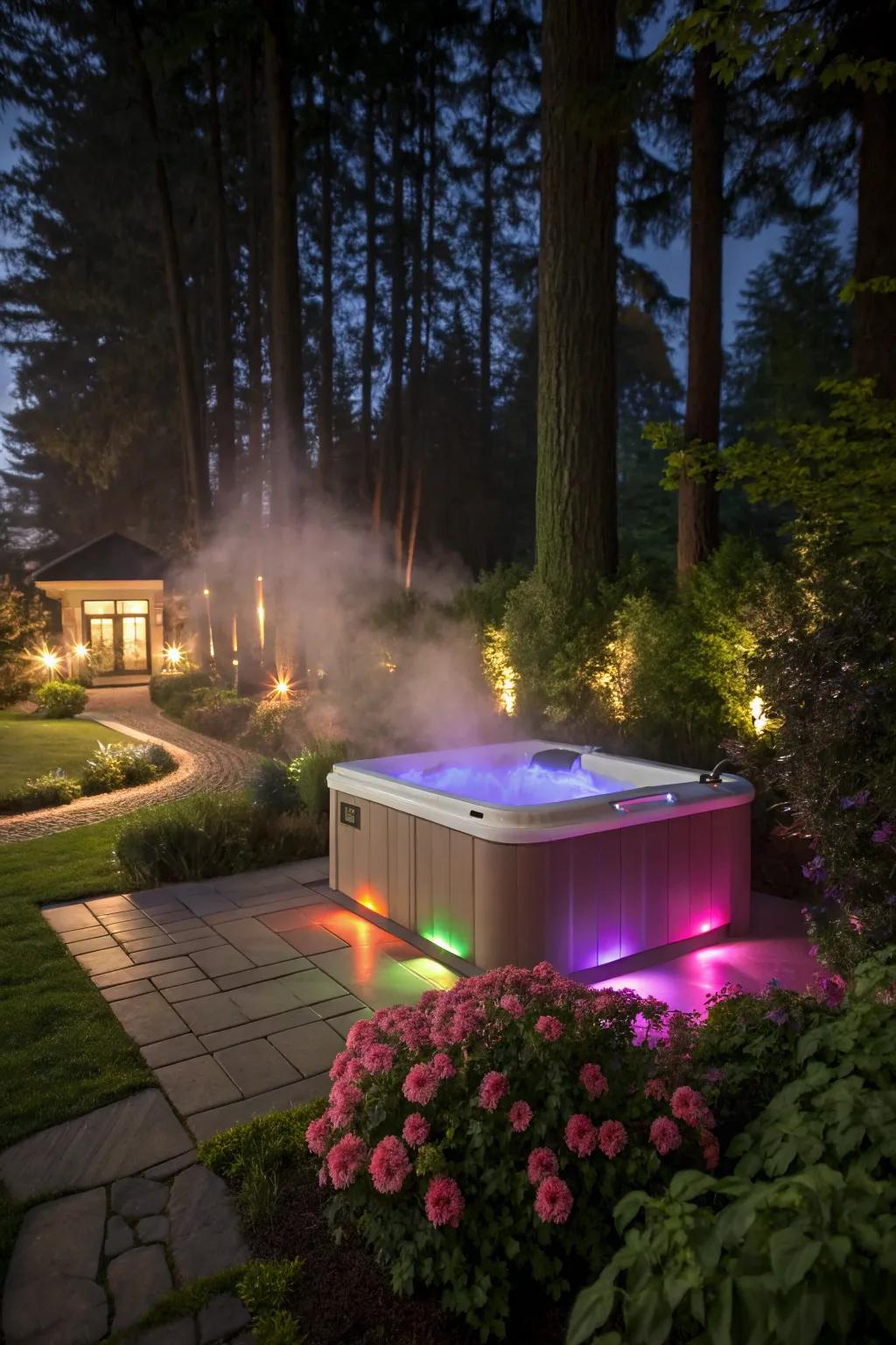 LED lights transform your hot tub into a glowing oasis.