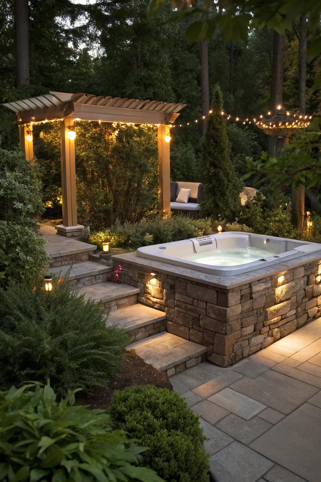 Stone siding elevates your hot tub to a luxurious spa experience.