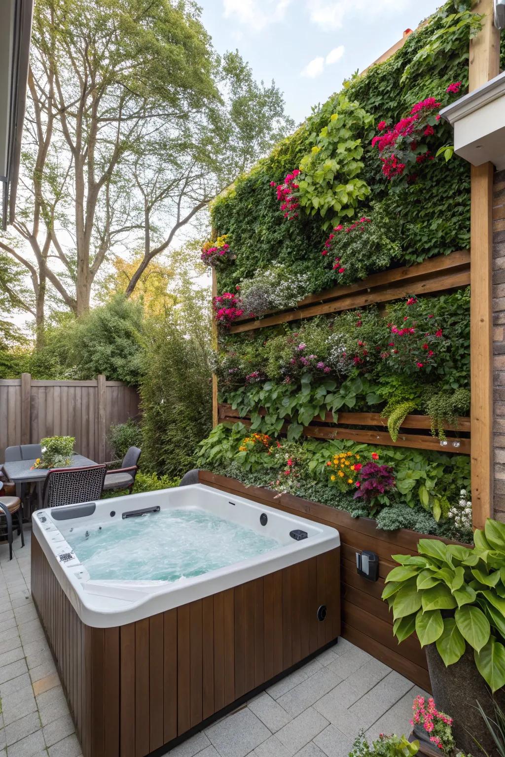 Vertical gardens provide privacy and a lush aesthetic.