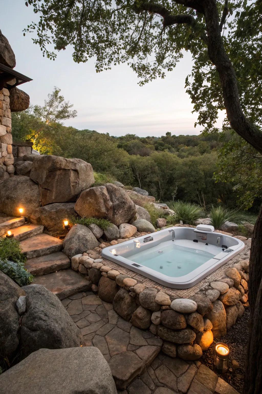 Natural rocks create an organic and serene environment.