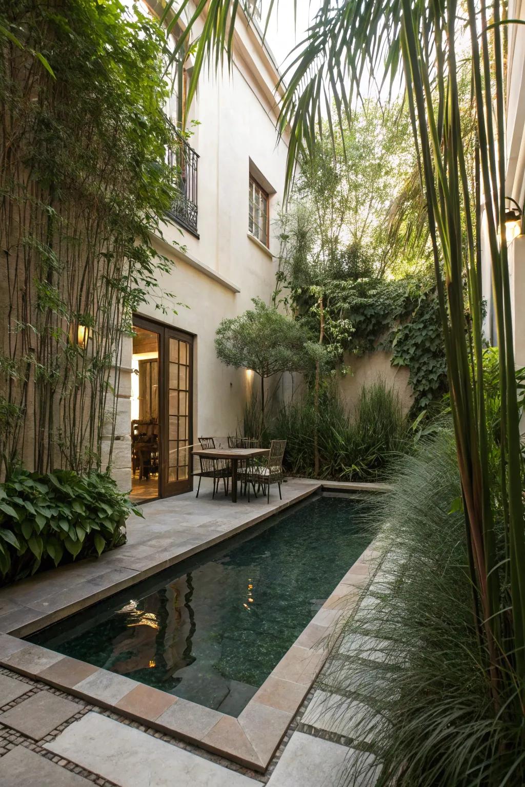 Tall plants creating a private escape around a courtyard pool.
